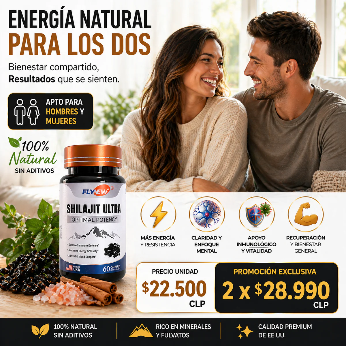 Energía natural para los dos — Precio unidad $22.500, promoción 2 x $28.990